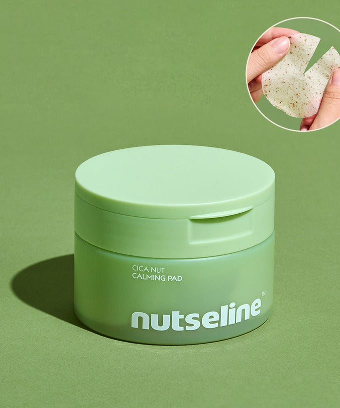 Photo of NUTSELINE Cica Calming Pad, a soothing skincare product in a green jar with a close-up of the pad's texture in use.