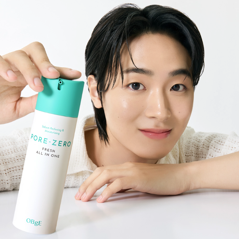 OBGE Pore Zero Fresh All-in-One displayed by a Korean gentleman model, Gentleman Korea men’s skincare product highlighting pore control and hydration