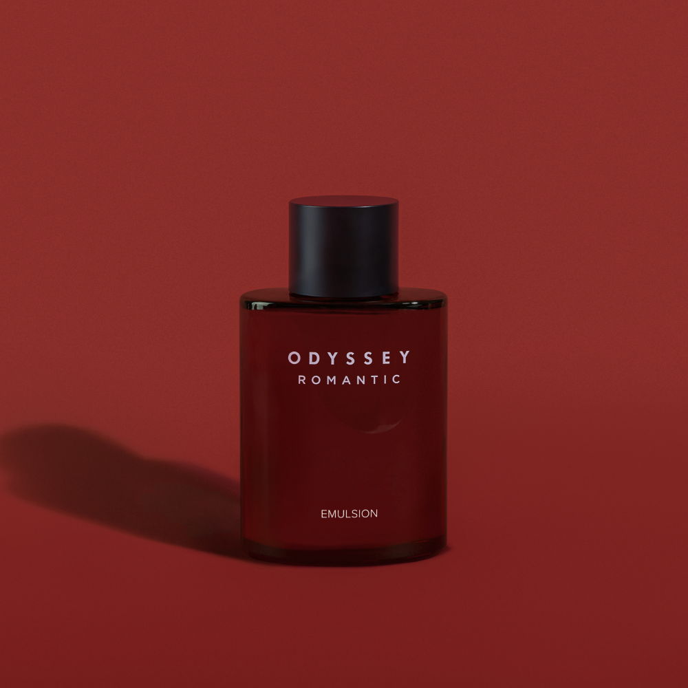 ODYSSEY Romantic Emulsion 130ml bottle on a dark red background