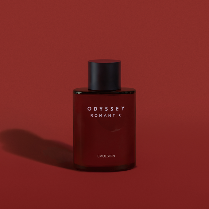 ODYSSEY Romantic Emulsion 130ml bottle on a dark red background