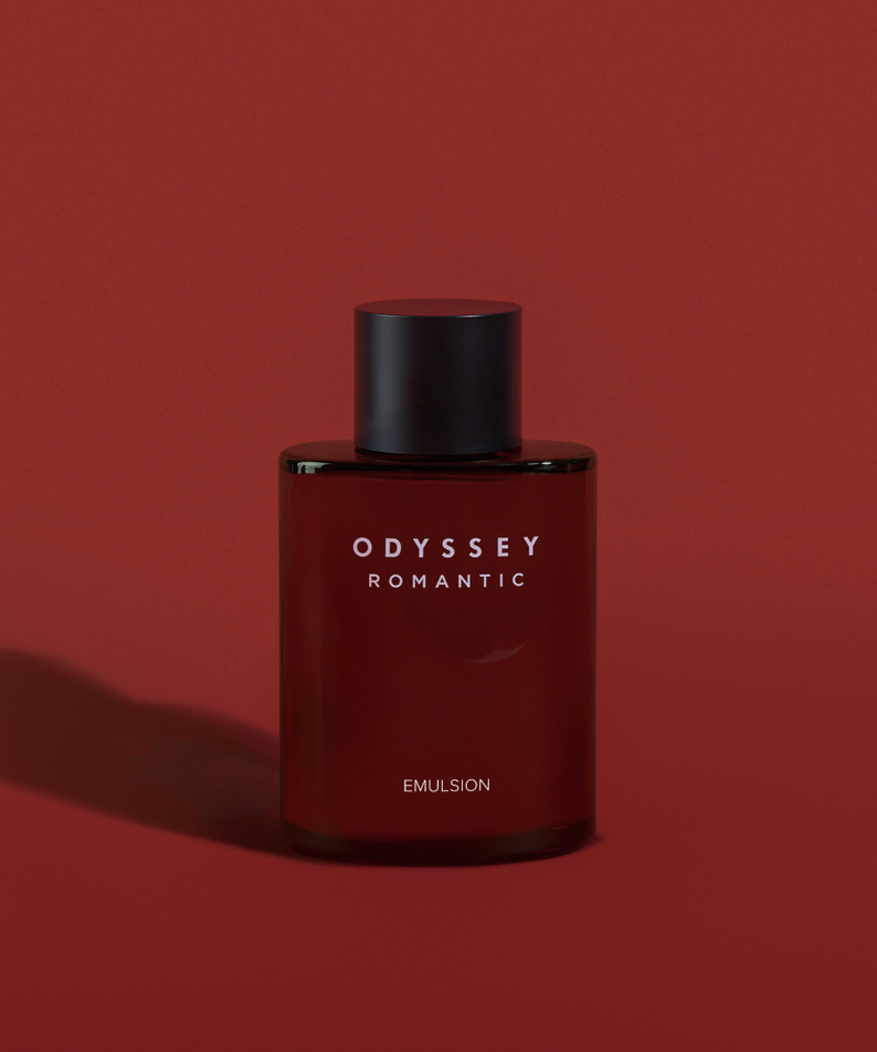 ODYSSEY Romantic Emulsion 130ml bottle on a dark red background