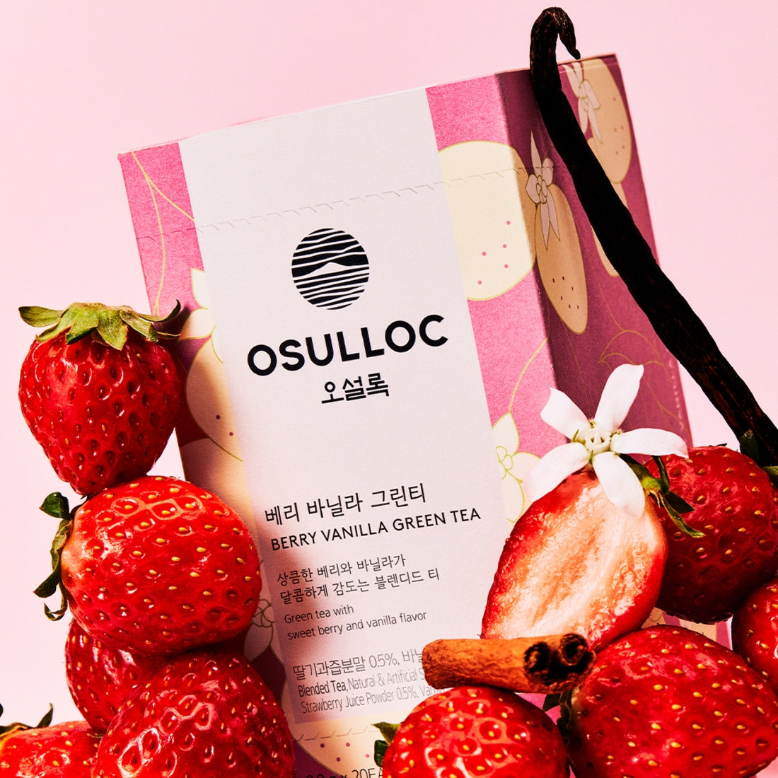 OSULLOC Berry Vanilla Green Tea 20 P package with strawberries and vanilla