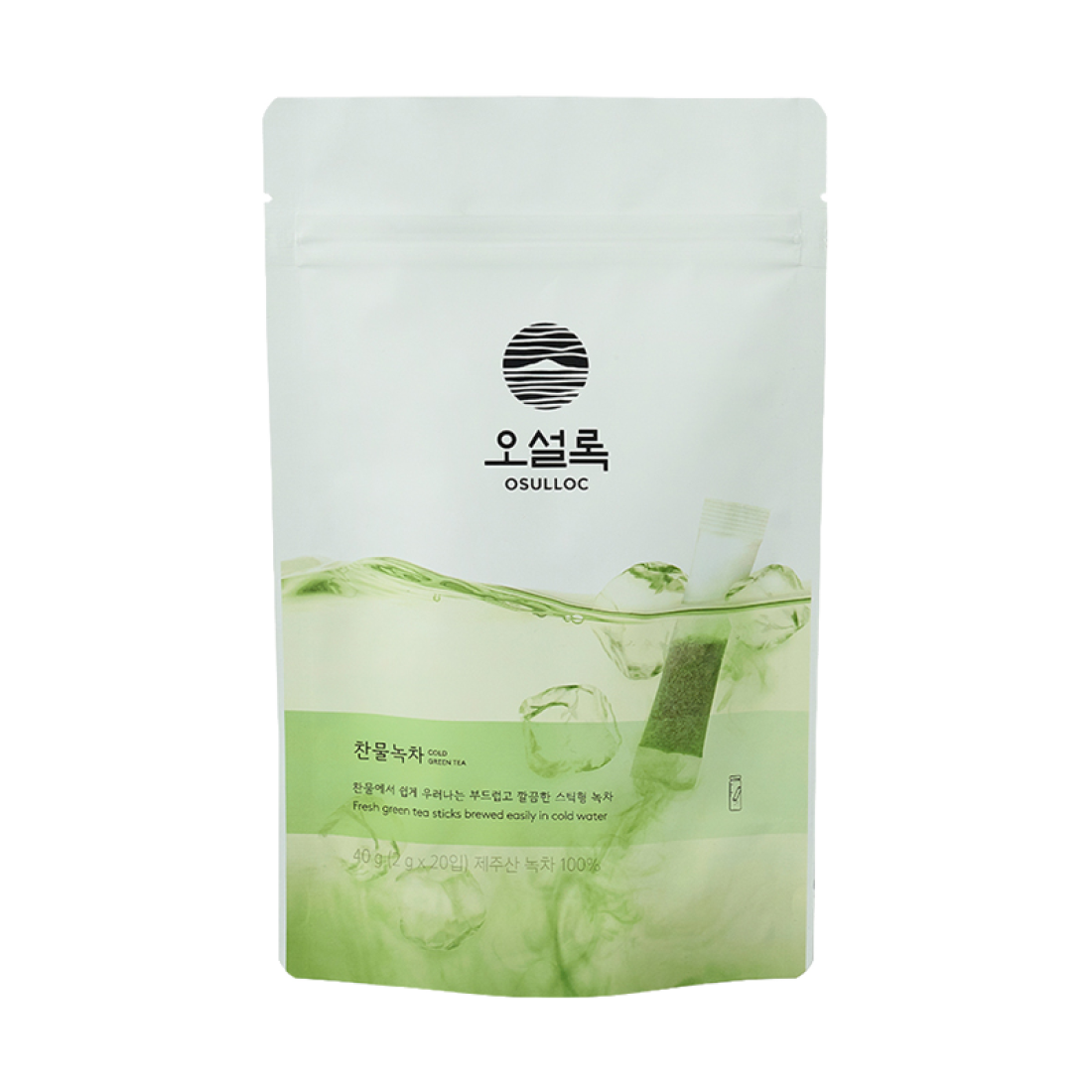 OSULLOC Cold green tea 20 P packaging with green tea leaves illustration
