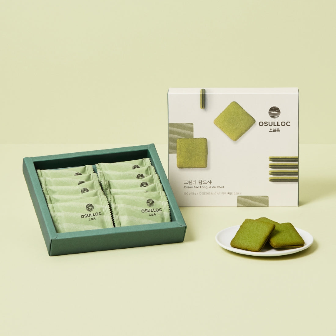 Box and plate of OSULLOC Green Tea Langue de chat 10 p with packaging
