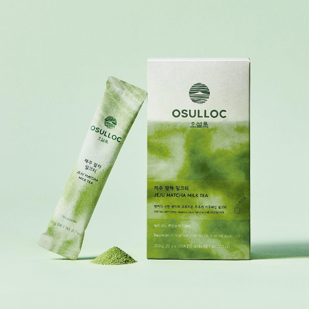 OSULLOC Jeju Matcha Milk Tea 10p box and sachet with matcha powder on a green background