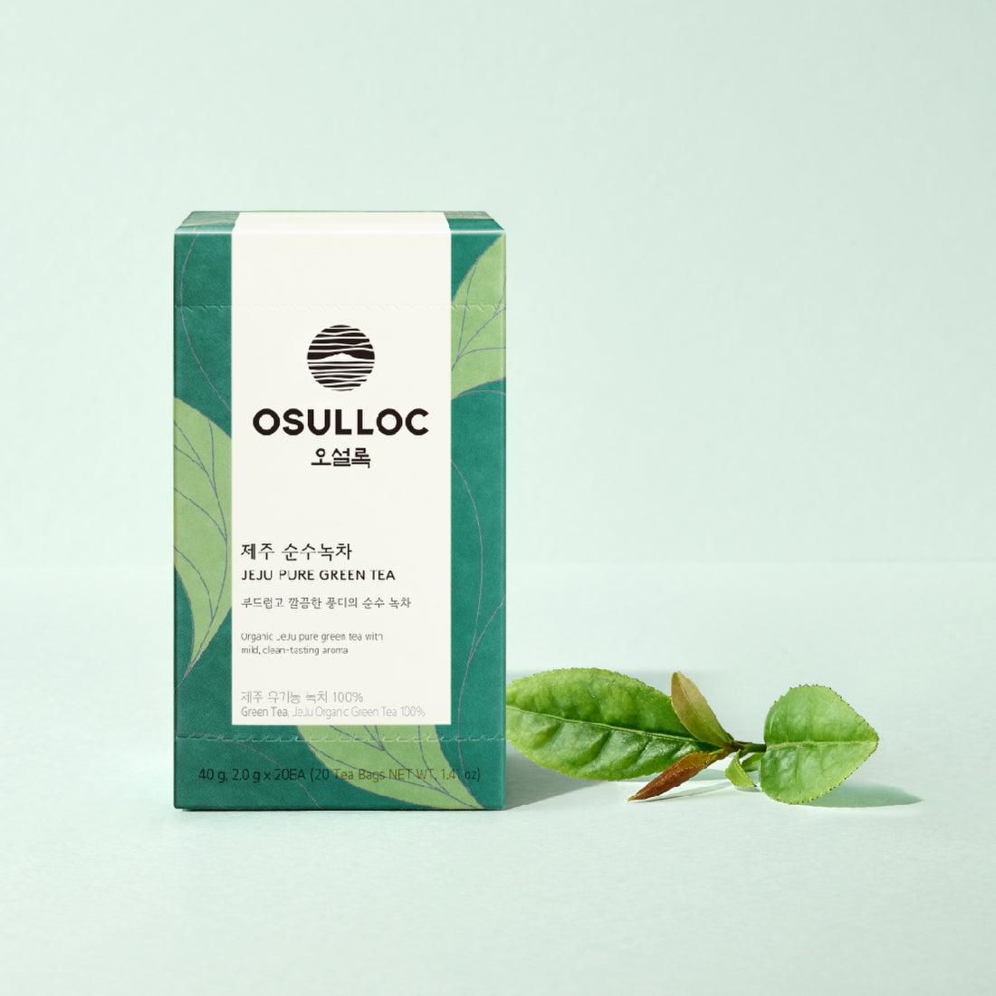 OSULLOC Jeju Pure Green Tea 20 P box with green leaves background.