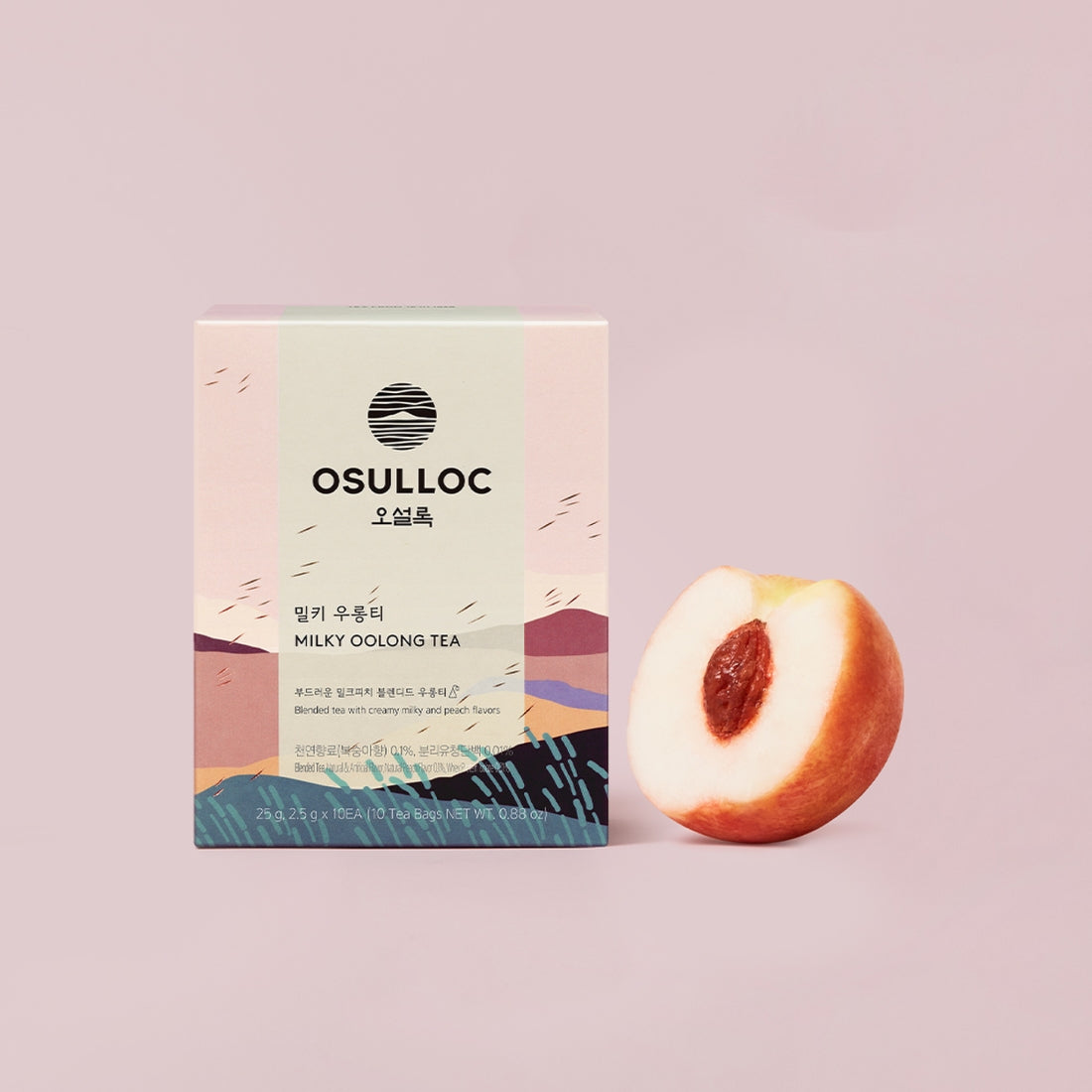 OSULLOC Milky Oolong Tea 10 p box with half a peach in front