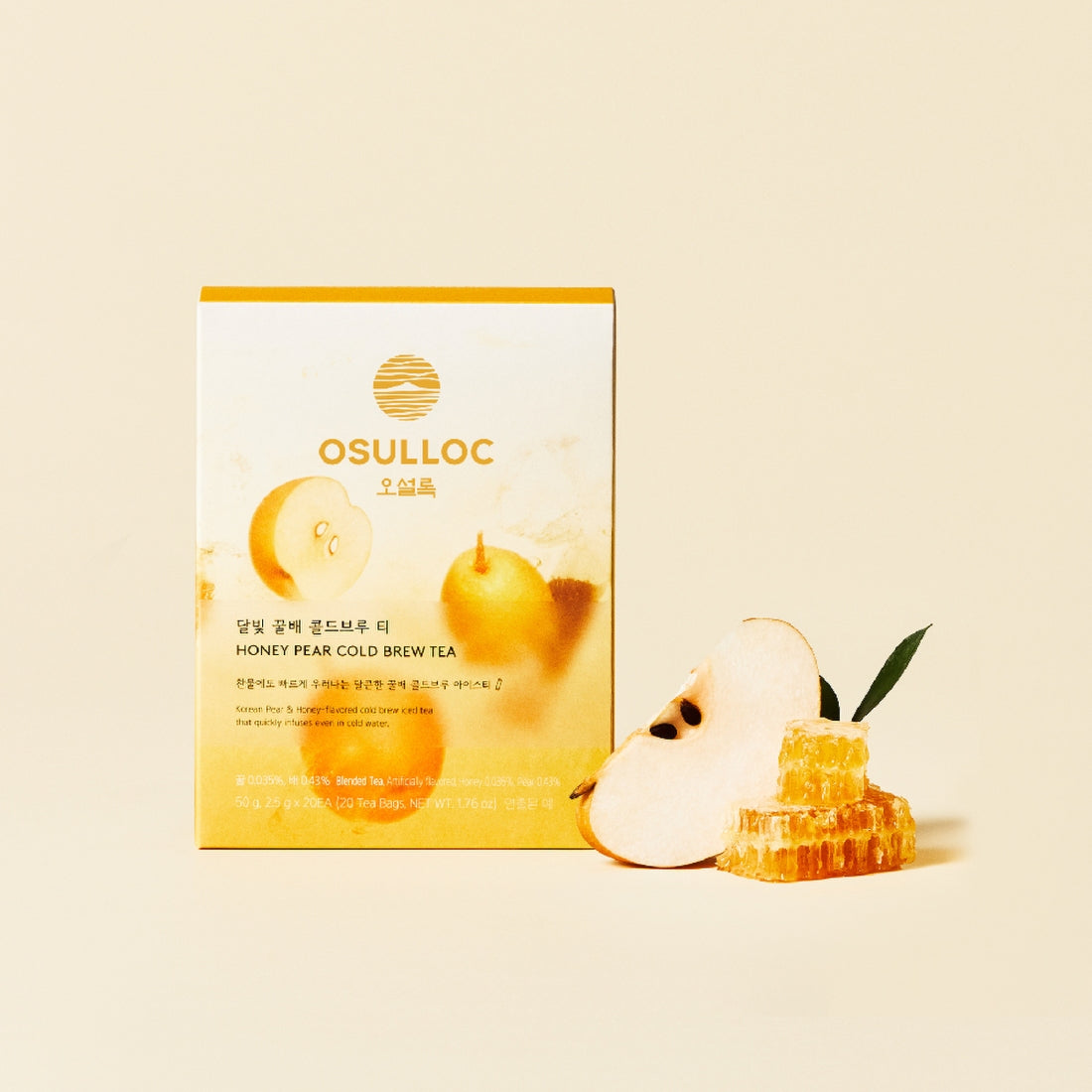 OSULLOC Moonlight Honey Pear Cold Brew Tea 20 P package with honeycomb and pear slices on a light background.