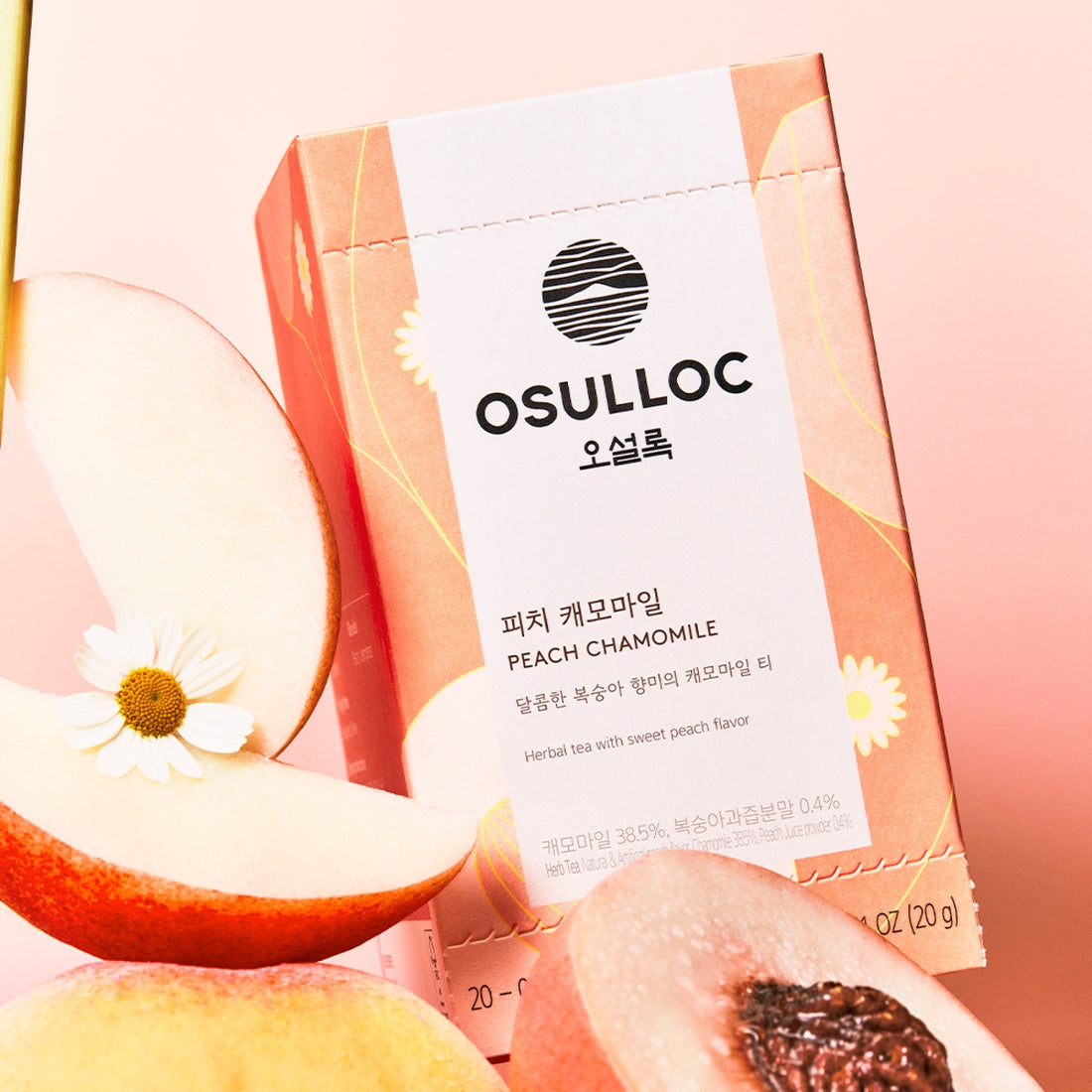 OSULLOC Peach Chamomile 20 P packaging with fresh peach slices and chamomile flowers.