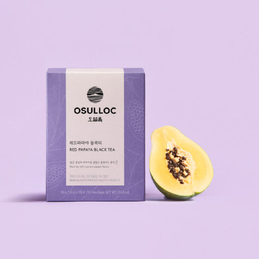 OSULLOC Peach Papaya Black Tea 10p package with fresh papaya on purple background
