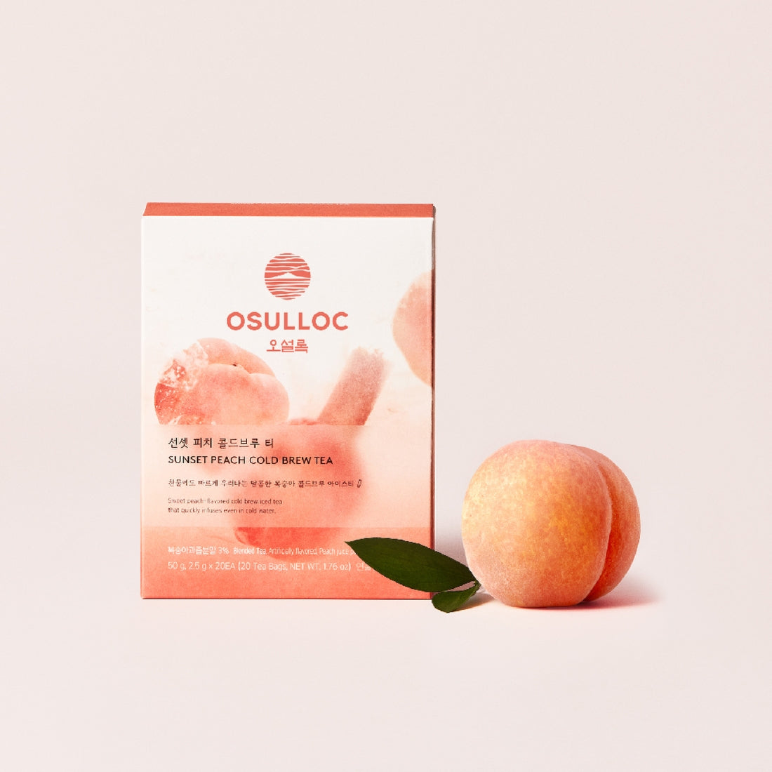 OSULLOC Sunset Peach Cold Brew Tea 20 P packaging with fresh peach on a light background.
