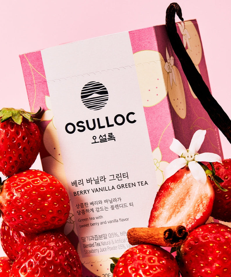 OSULLOC Berry Vanilla Green Tea 20 P package with strawberries and vanilla