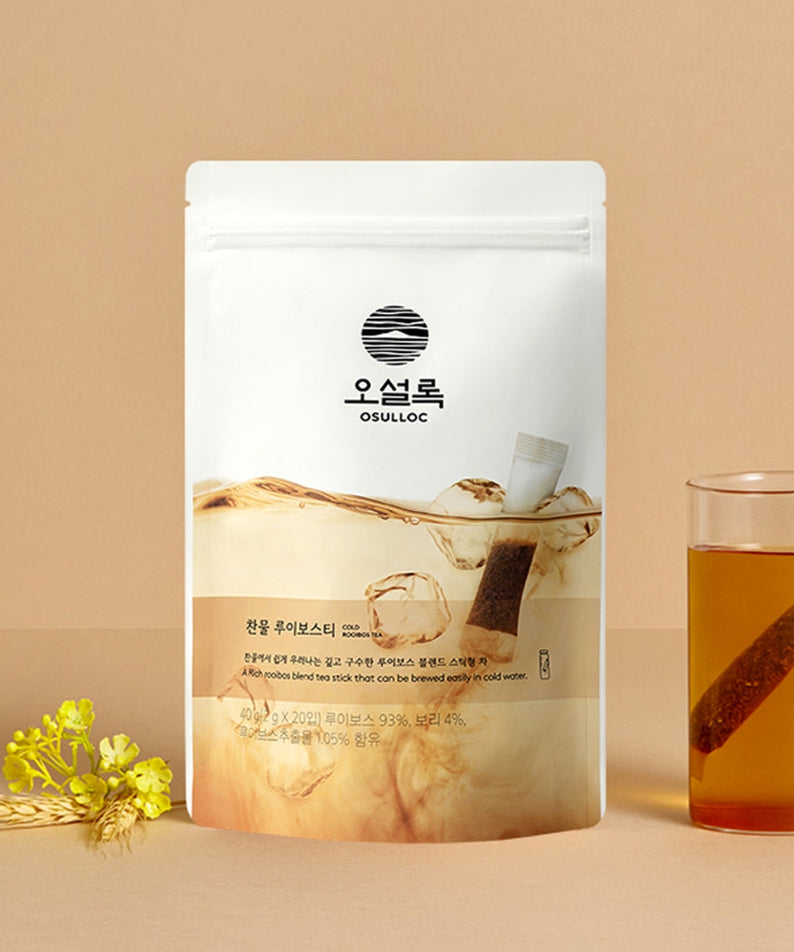 OSULLOC Cold Rooibos Tea 20 P package with tea bag and glass of brewed tea