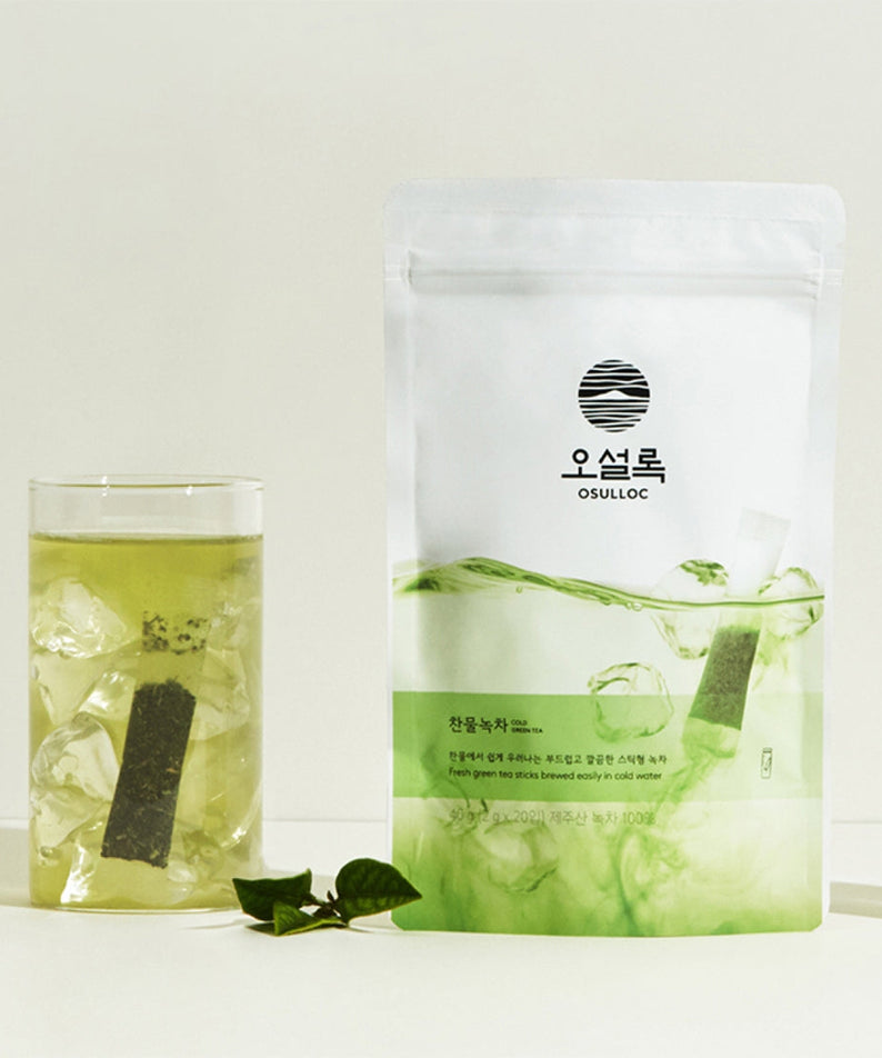 OSULLOC Cold green tea 20 P package next to glass of iced green tea