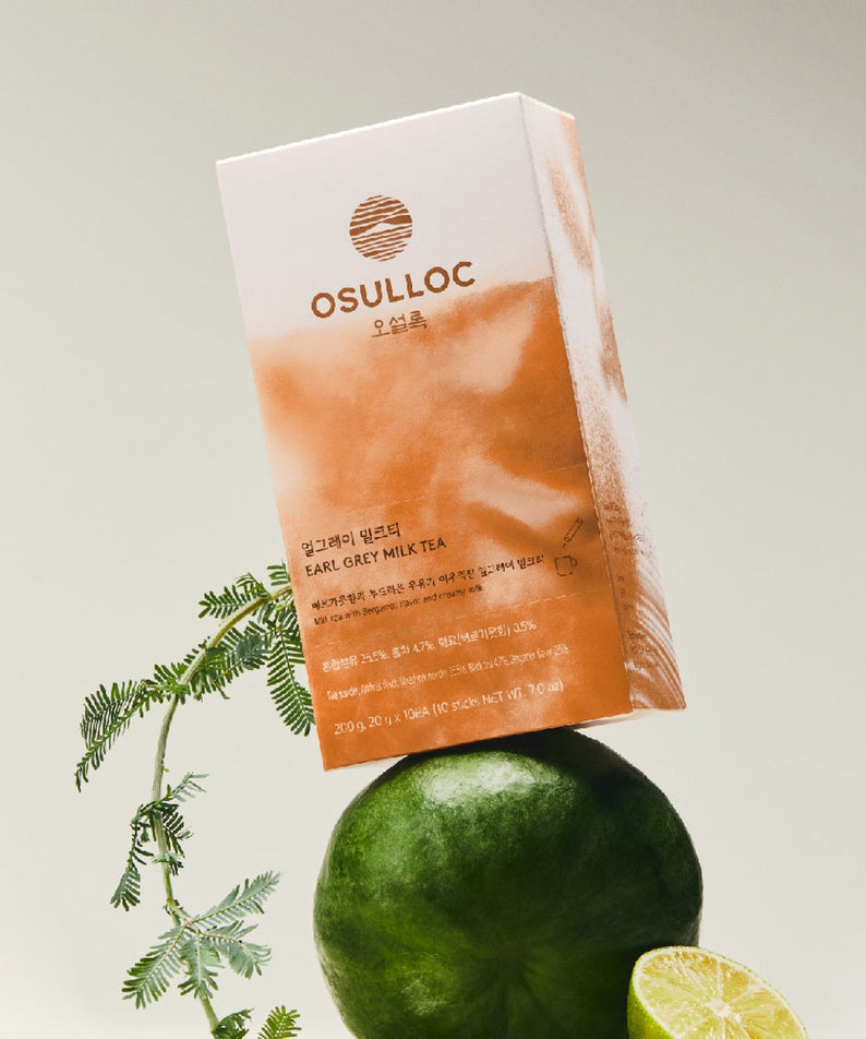 OSULLOC Earl Grey Milk Tea 10 p. packaging with citrus and botanical decor for a refreshing tea experience.