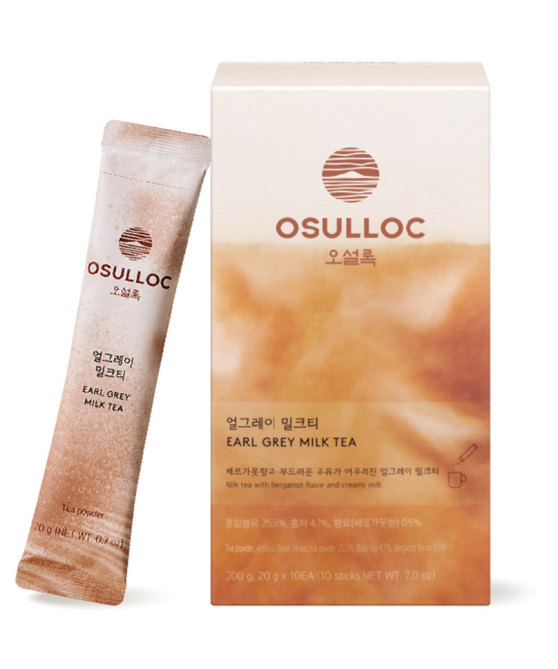 OSULLOC Earl Grey Milk Tea 10 p. packaging and stick pack, premium tea with a blend of milk and Earl Grey flavor.