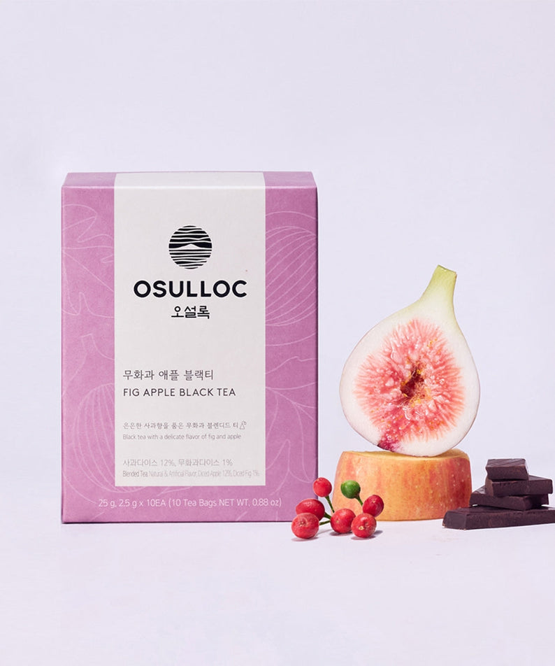 OSULLOC Fig Apple Black Tea 10 P box with figs, apple, and dark chocolate arrangement