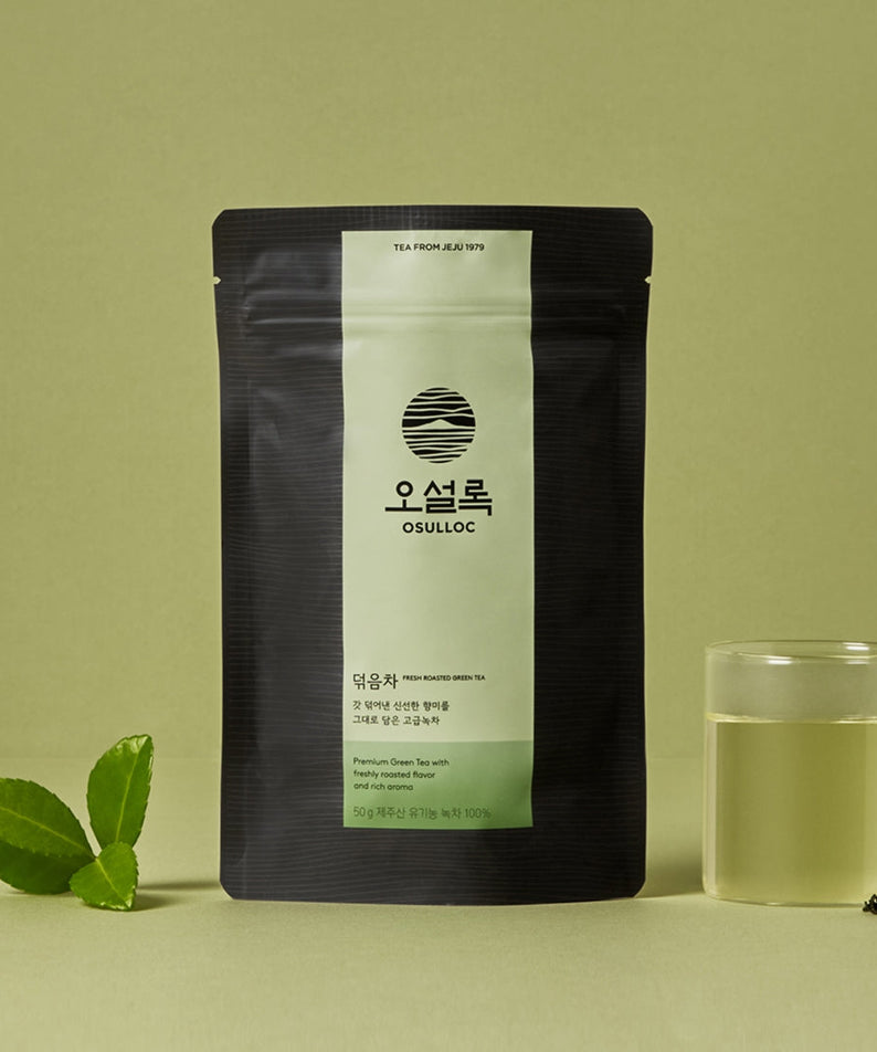 OSULLOC Fresh Roasted Green Tea 50g package with leaves and glass