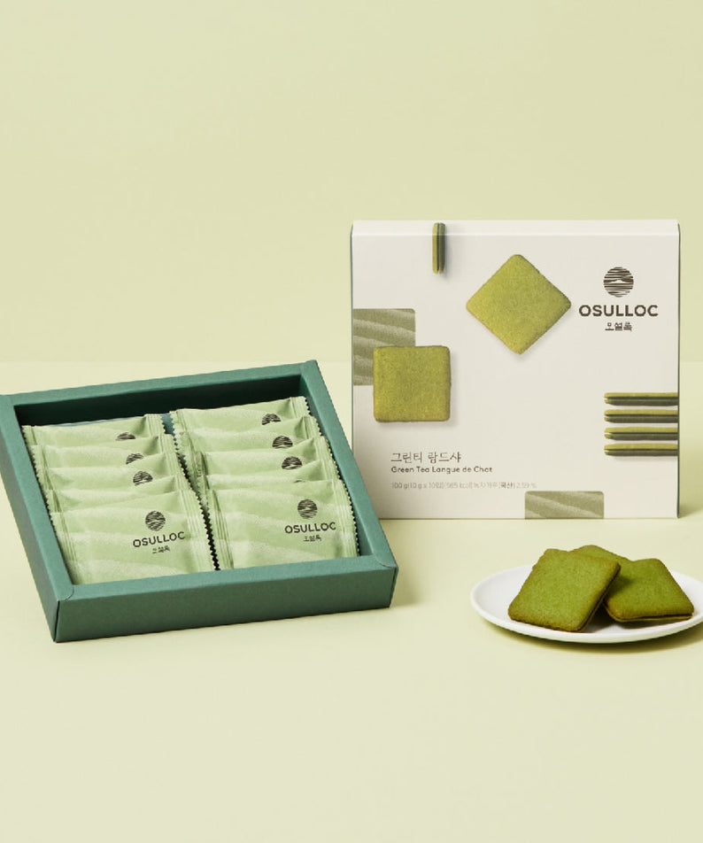 Box and plate of OSULLOC Green Tea Langue de chat 10 p with packaging