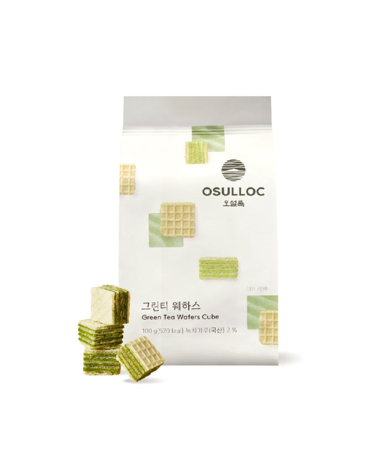 OSULLOC Green Tea Wafers 100g package with green tea flavored wafer cubes