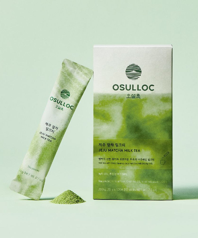 OSULLOC Jeju Matcha Milk Tea 10p box and sachet with matcha powder on a green background