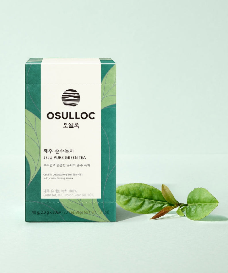 OSULLOC Jeju Pure Green Tea 20 P box with green leaves background.
