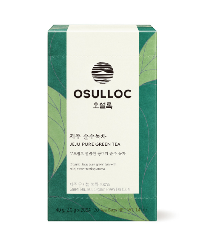OSULLOC Jeju Pure Green Tea 20 P package front view with green leaf design background