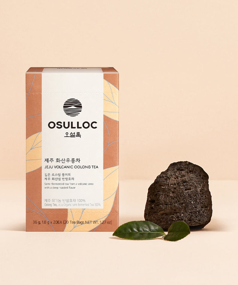 OSULLOC Jeju Volcanic Oolong Tea 20 P box with volcanic rock and tea leaves.
