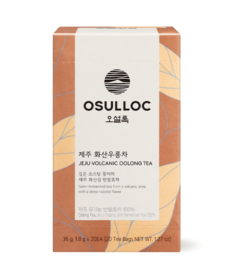 OSULLOC Jeju Volcanic Oolong Tea 20 P box packaging front view, featuring organic semi-fermented tea from volcanic area.