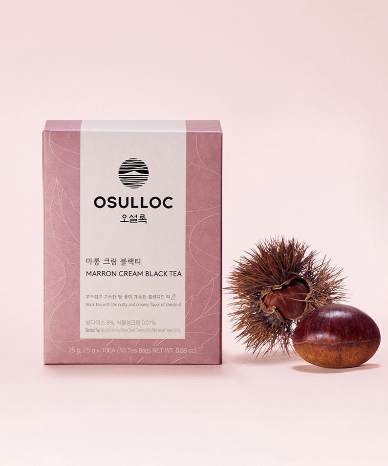 OSULLOC Marron Cream Black Tea 10 p box with chestnut on pink background