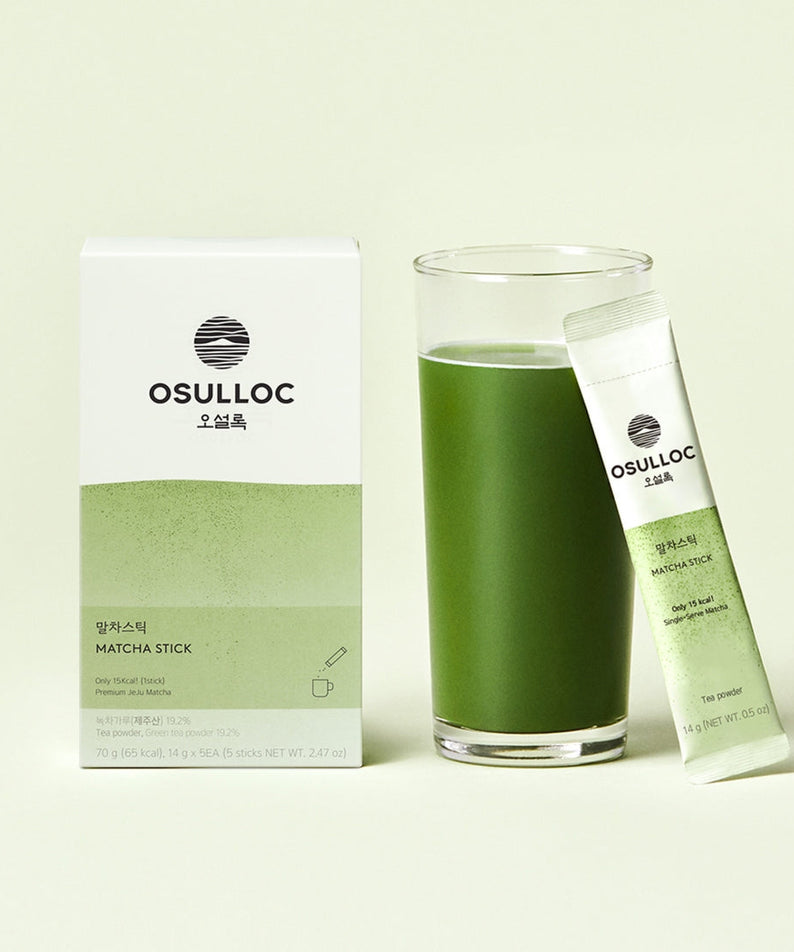 OSULLOC Matcha Sticks 5 p with a box and green tea in a glass