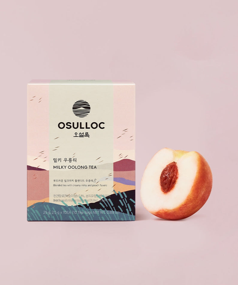 OSULLOC Milky Oolong Tea 10 p box with half a peach in front