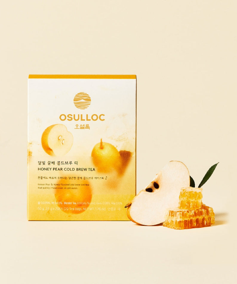 OSULLOC Moonlight Honey Pear Cold Brew Tea 20 P package with honeycomb and pear slices on a light background.
