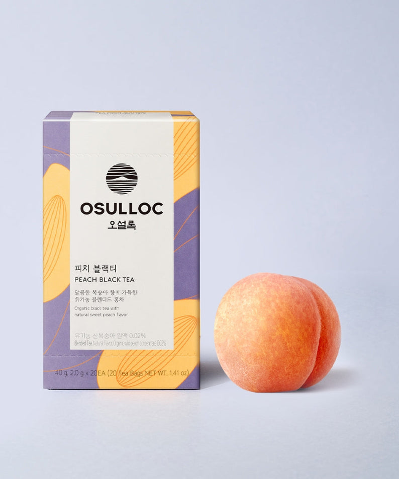 OSULLOC Peach Black Tea 20 packs box with a fresh peach beside it