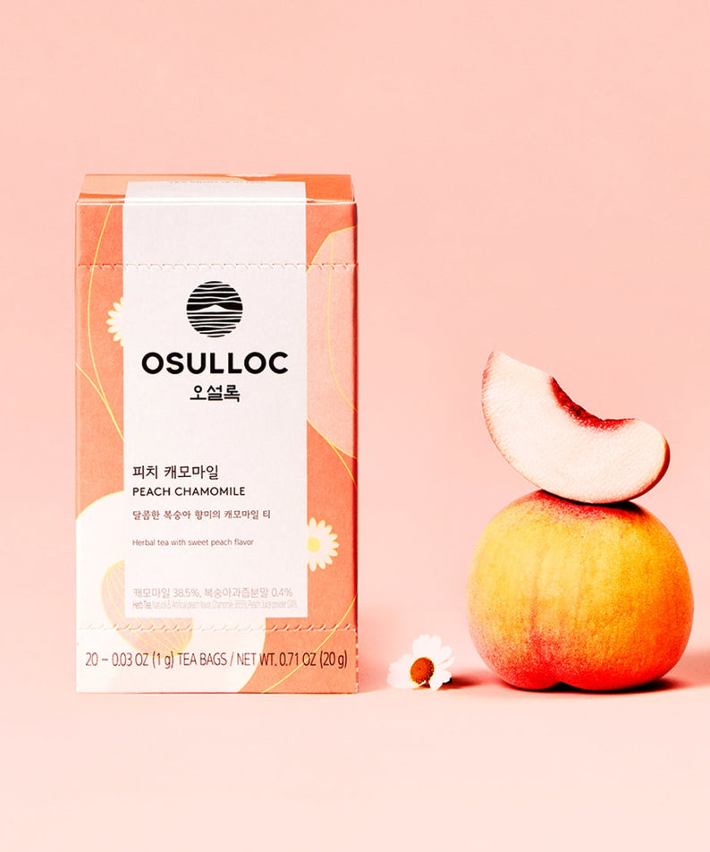 OSULLOC Peach Chamomile 20 P box with peach and chamomile flowers on pink background