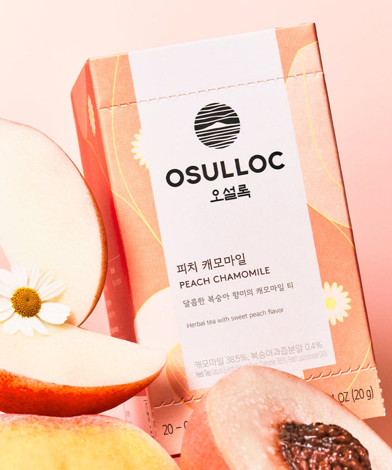 OSULLOC Peach Chamomile 20 P packaging with fresh peach slices and chamomile flowers.