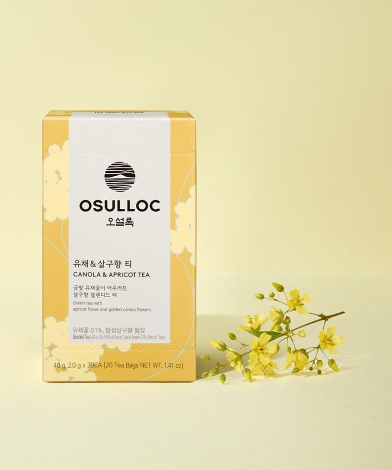 Packaging of OSULLOC Canola & Apricot Tea 20 P with canola flowers on a light background.