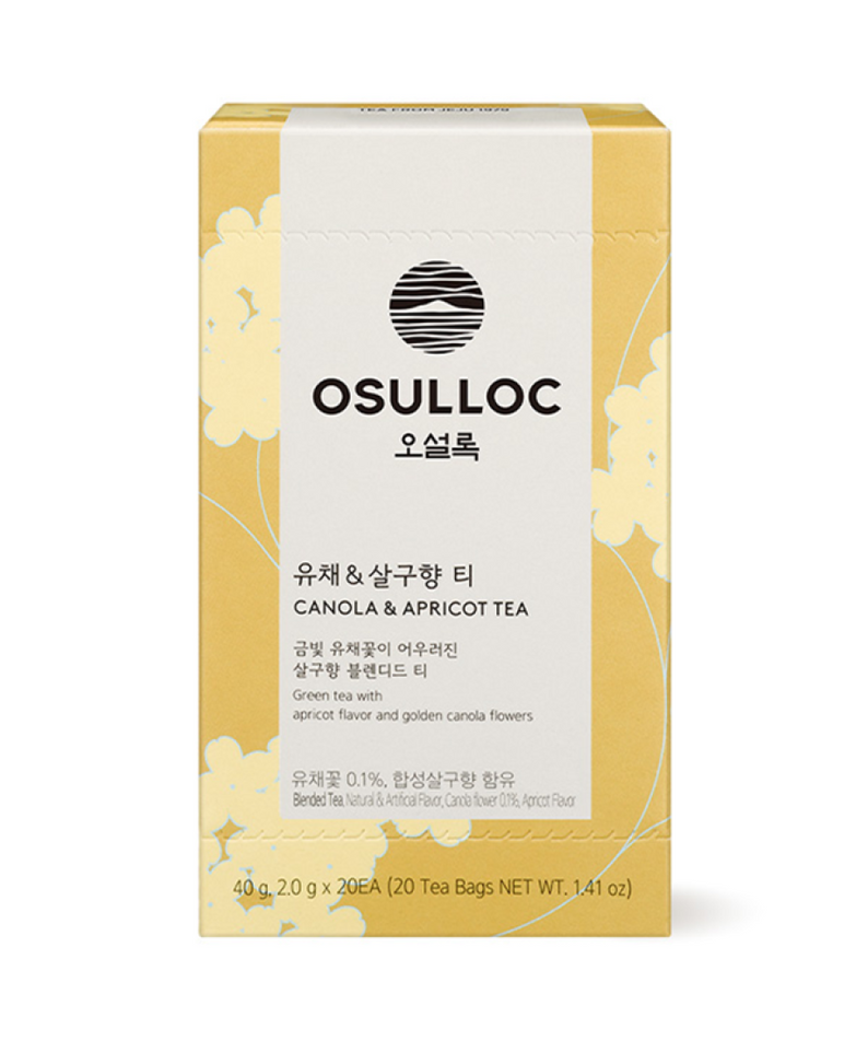 OSULLOC Canola & Apricot Tea 20 P package, featuring premium green tea blend with apricot flavor and canola flowers, 20 tea bags.