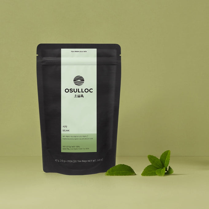 OSULLOC Sejack Green Tea 20 P package with fresh leaves, premium green tea from Jeju.