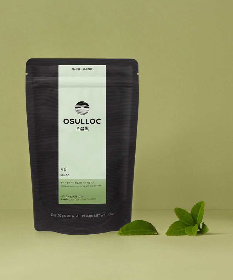 OSULLOC Sejack Green Tea 20 P package with fresh leaves, premium green tea from Jeju.