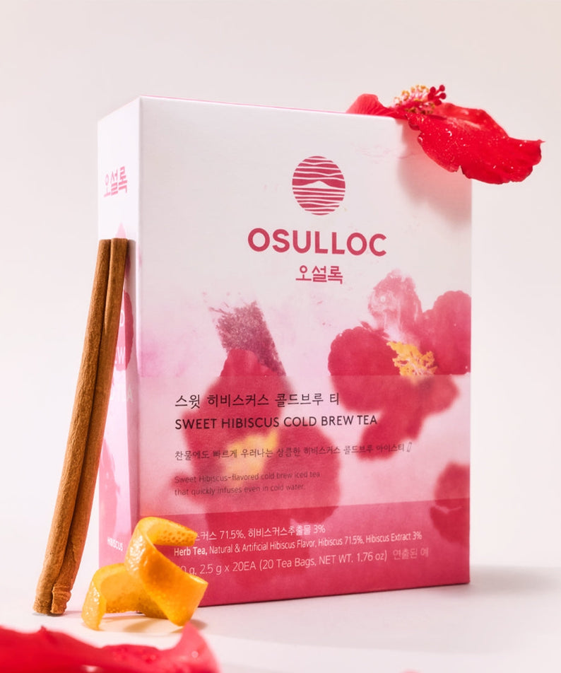 OSULLOC Sweet Hibiscus Cold Brew Tea 20 P box with hibiscus flowers and cinnamon stick.