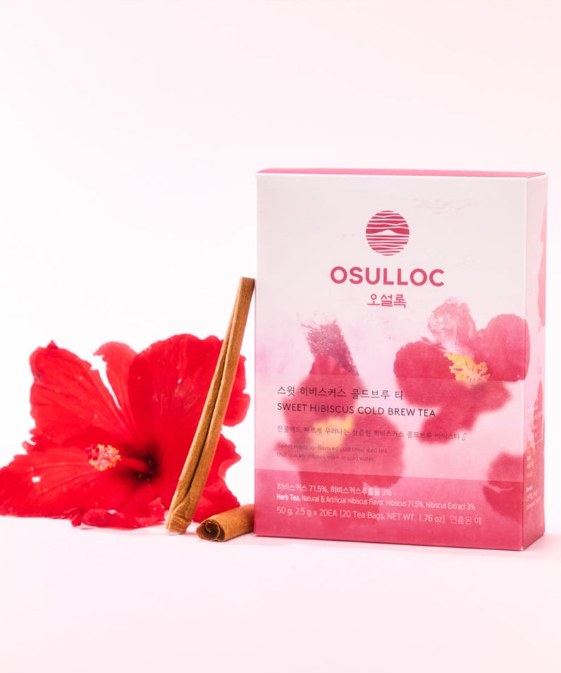 OSULLOC Sweet Hibiscus Cold Brew Tea 20 P packaging with red hibiscus flowers and cinnamon sticks on a white background.