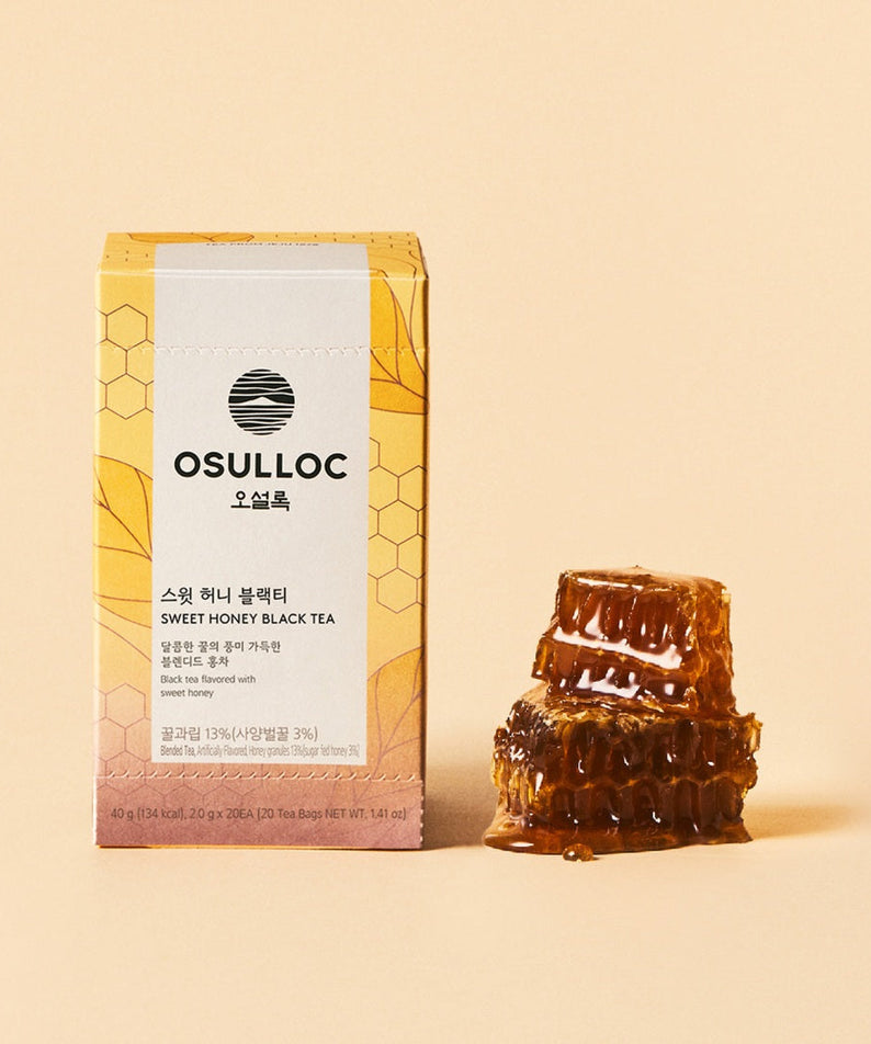 OSULLOC Sweet Honey Black Tea 20 P packaging with honeycomb on a beige background