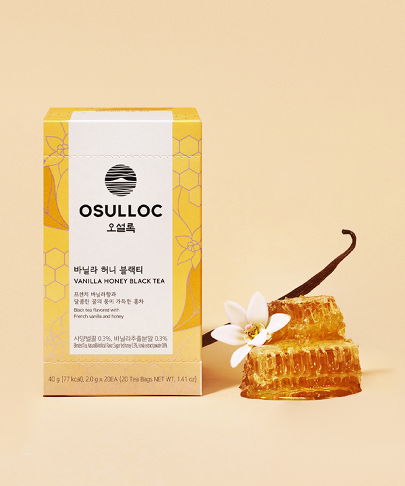 OSULLOC Vanilla Honey Black Tea 20 P box with honeycomb and vanilla flower on beige background.