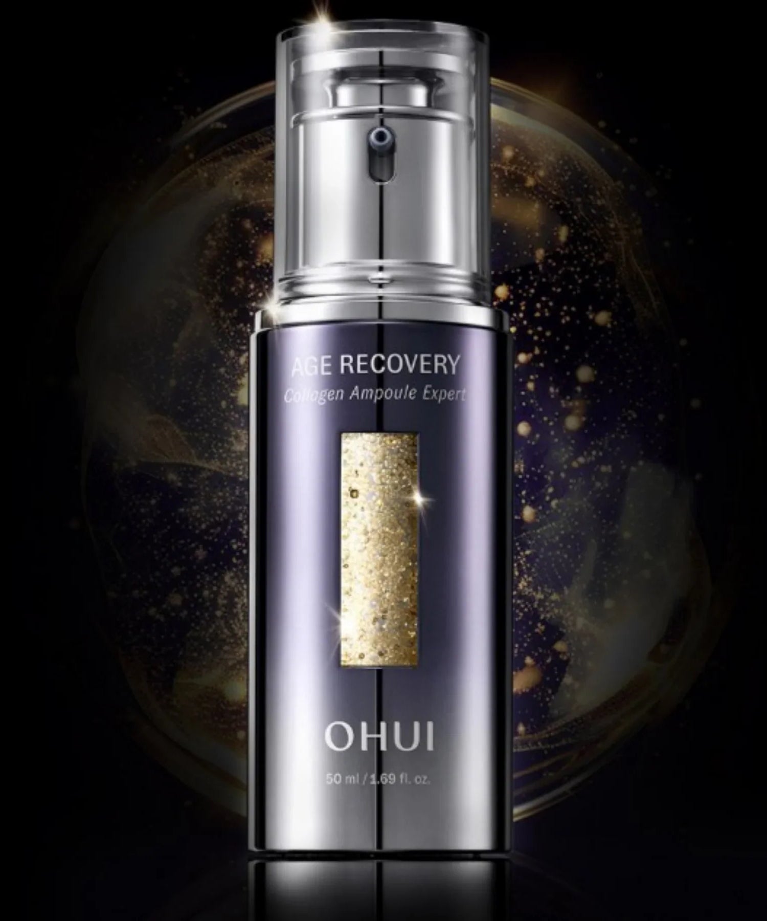 OHUI Age Recovery Collagen Ampoule Expert 50mL bottle against black background with gold accents, 50ml size visible.