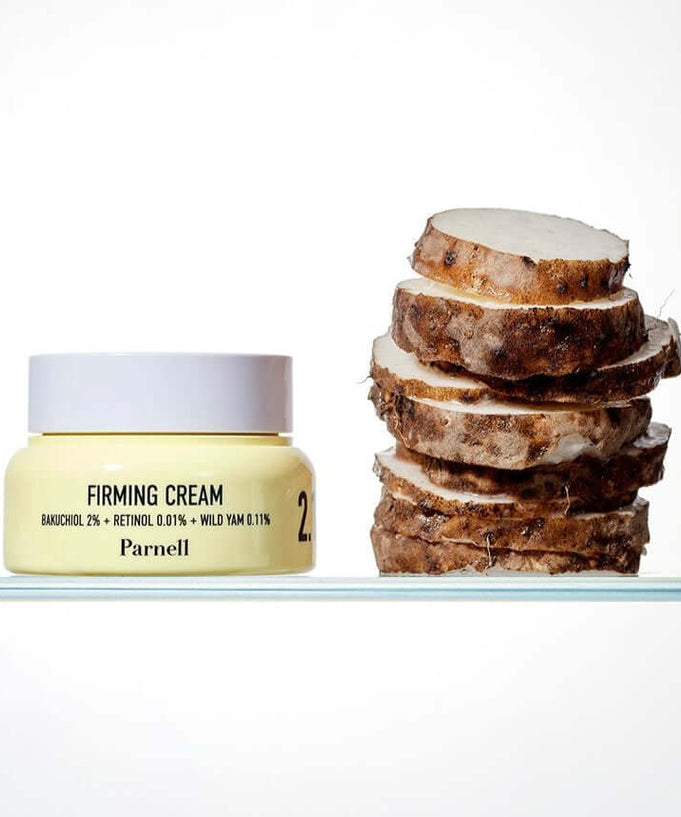 PARNELL Bakuchiol Retinol Wild Yam Firming Cream 50ml jar next to sliced wild yam, skincare product for firming and anti-aging