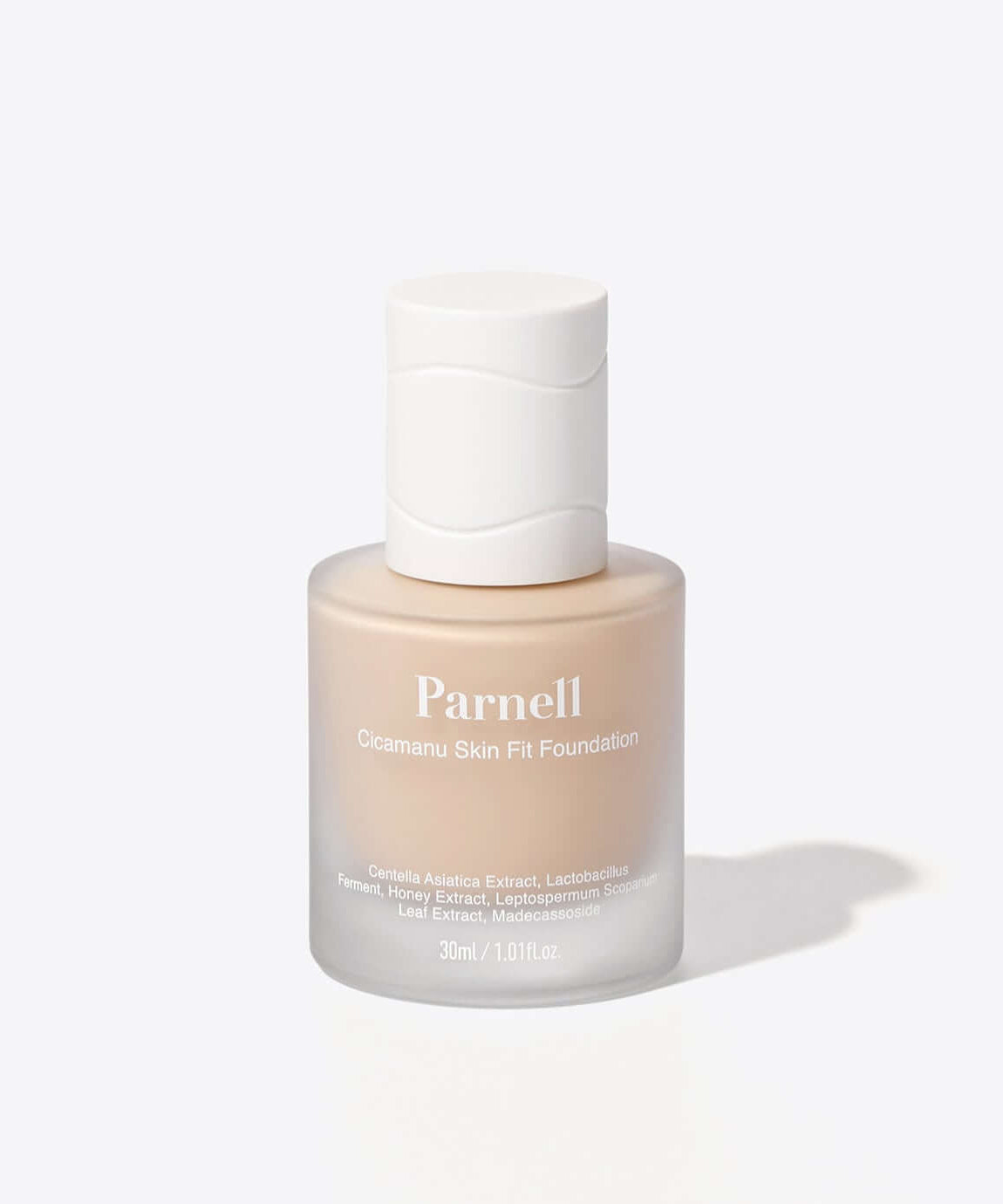 PARNELL Cicamanu Skin Fit Foundation 30g bottle displayed against a white background, showcasing premium skincare product.