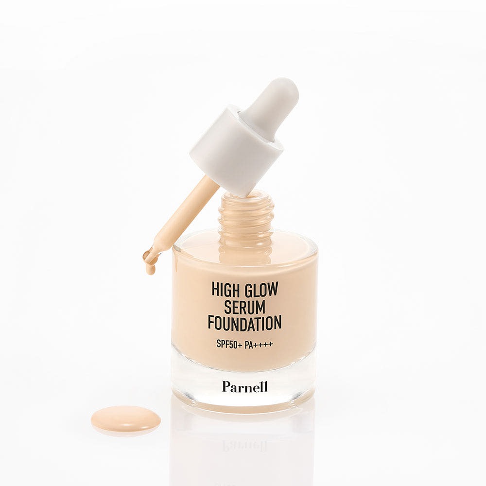 PARNELL High Glow Serum Foundation 30ml bottle with dropper and product swatch on a white background.