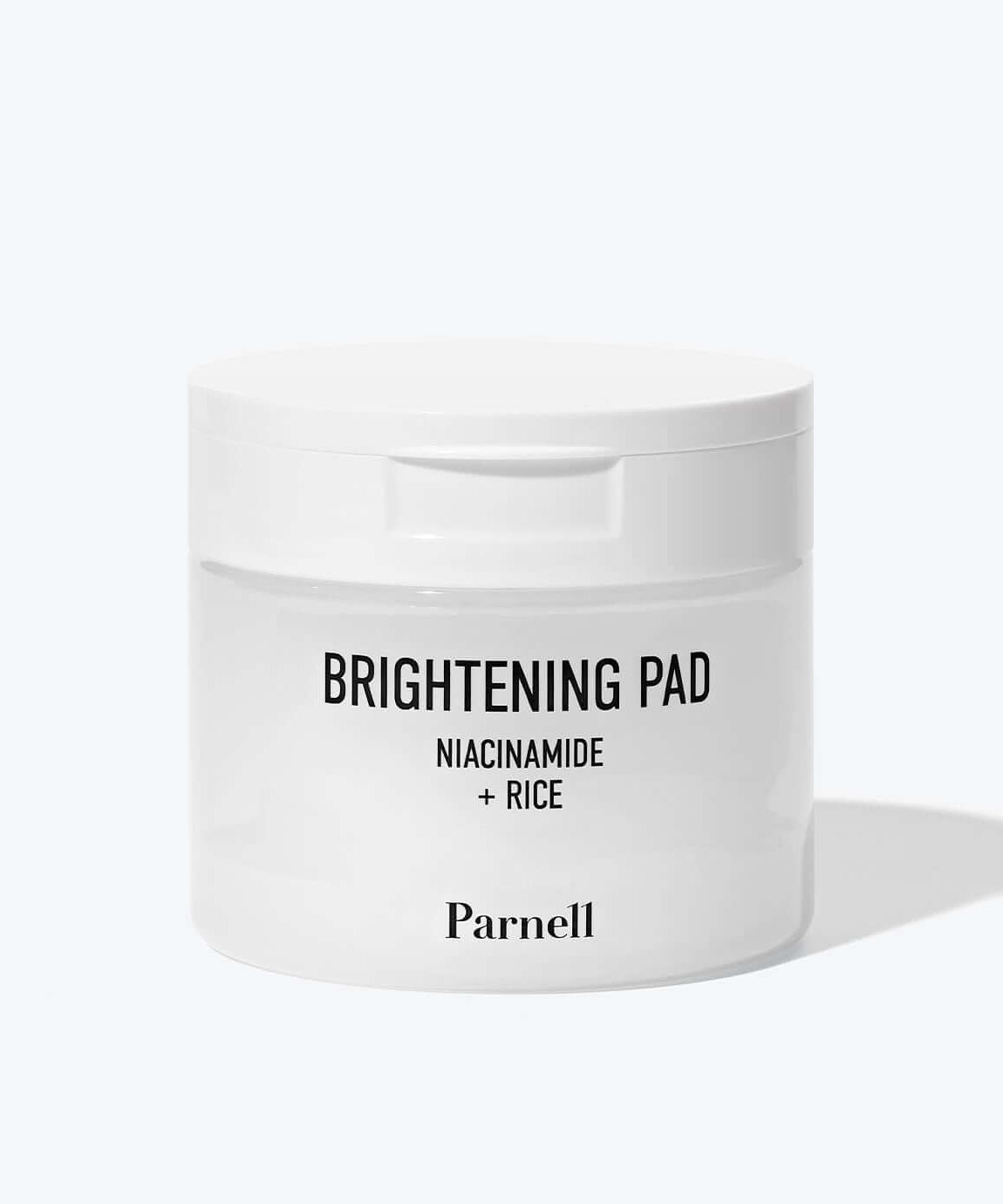 PARNELL Niacinamide Rice Brightening 60 pads, skincare jar showcasing the brightening effect with niacinamide and rice extract.
