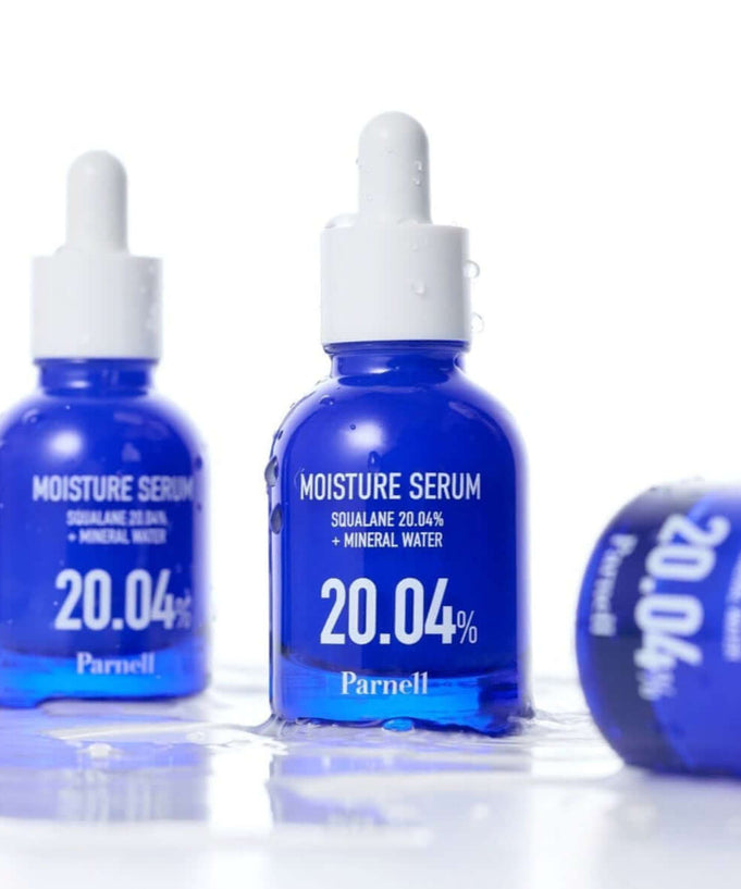 PARNELL Squalane 20.04 Mineral Water Moisture Serum 30ml bottles displayed with dropper cap.